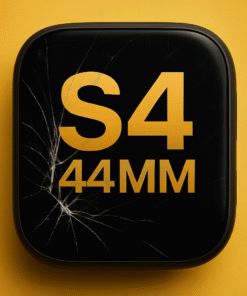 Reconditionnement écran Apple Watch S4 44 mm avec verre fissuré sur fond jaune