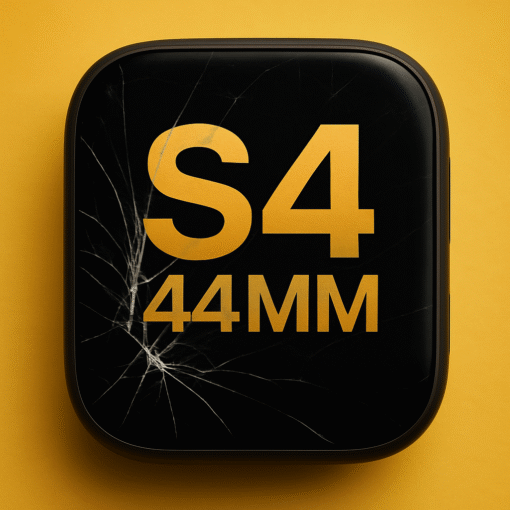 Reconditionnement écran Apple Watch S4 44 mm avec verre fissuré sur fond jaune