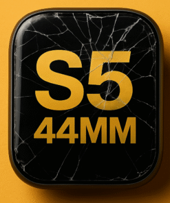 Reconditionnement écran Apple Watch S5 44 MM avec verre fissuré sur fond jaune