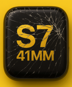 Reconditionnement écran Apple Watch S7 41 MM avec verre fissuré sur fond jaune