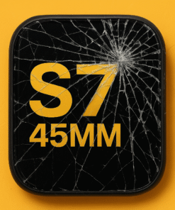 Reconditionnement écran Apple Watch S7 45 MM avec verre fissuré sur fond jaune