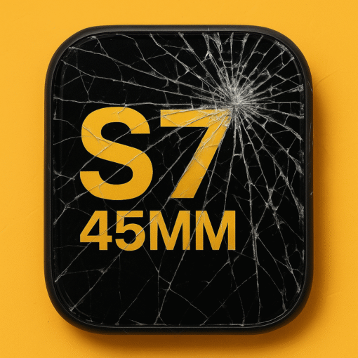 Réparation écran Apple Watch S7 45 MM avec verre fissuré sur fond jaune