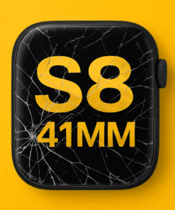 Reconditionnement écran Apple Watch S8 41 MM avec verre fissuré sur fond jaune