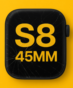 Reconditionnement écran Apple Watch S8 45 MM avec verre fissuré sur fond jaune