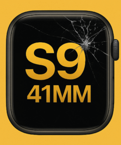 Reconditionnement écran Apple Watch S9 41 mm avec verre fissuré sur fond jaune