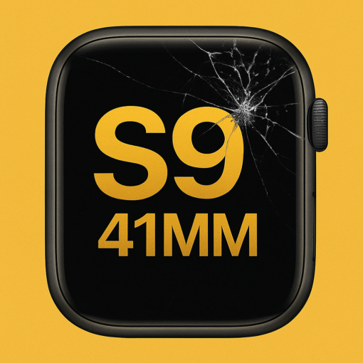 Reconditionnement écran Apple Watch S9 41 mm avec verre fissuré sur fond jaune