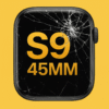 Réparation écran Apple Watch S9 45 mm avec verre fissuré sur fond jaune