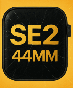 Reconditionnement écran Apple Watch SE2 44 mm avec verre fissuré sur fond jaune