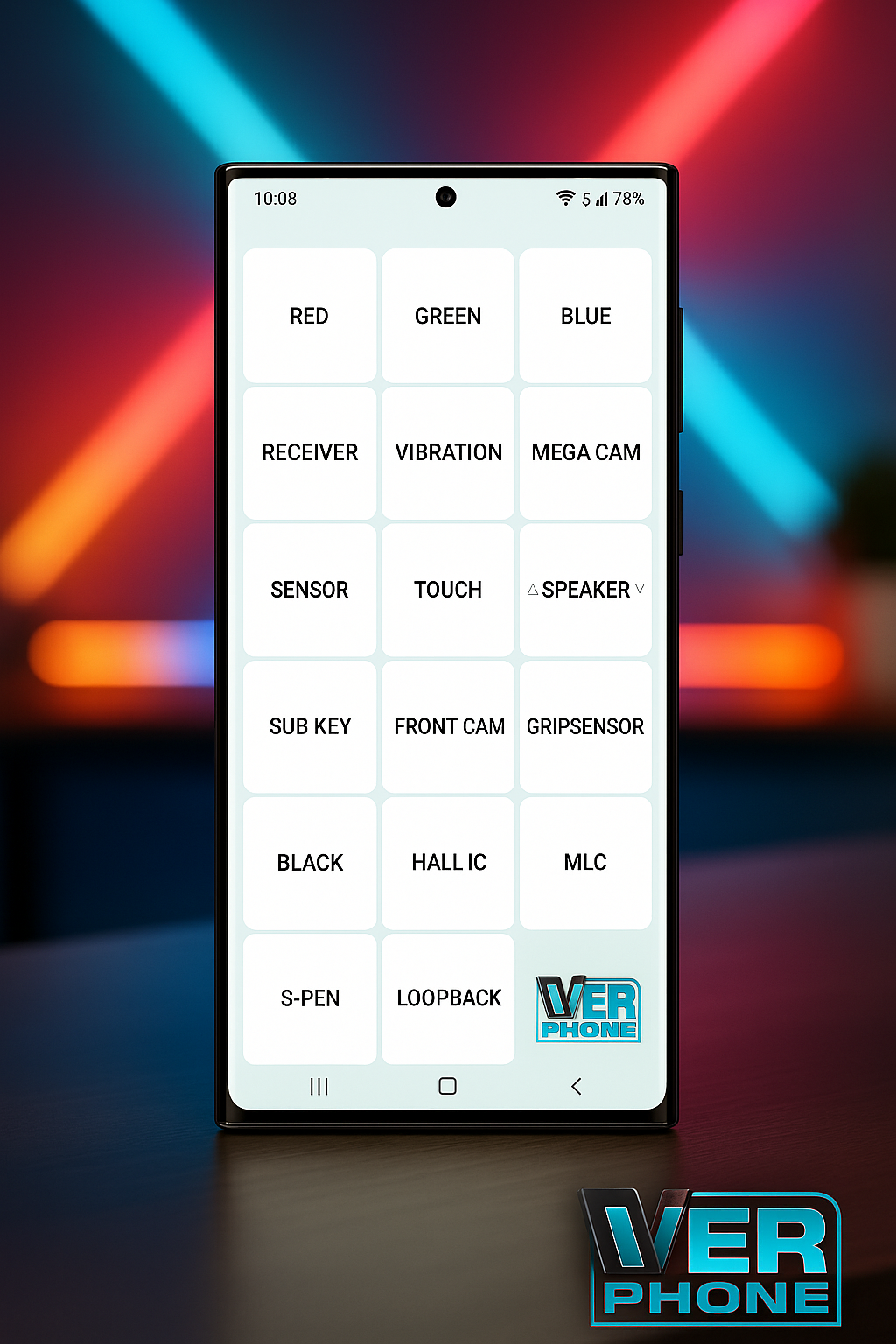 Menu de diagnostic *#0*# sur smartphone -Test écran samsung avec options de test de capteurs et composants
