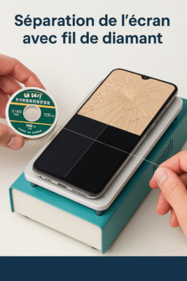 Technicien utilisant un fil de diamant pour séparer une vitre d’écran de smartphone sur une plaque chauffante