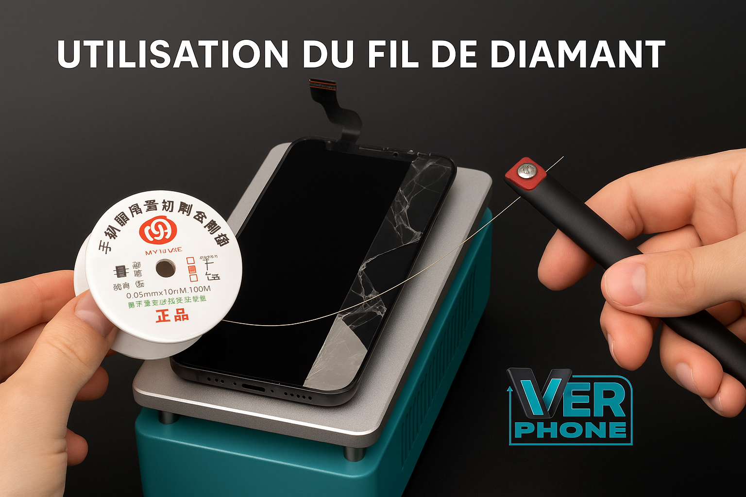 Fil de diamant / Fil en molybdène Pour écran OLED | VerPhone Fil de diamant pour écran – bobine professionnelle avec outil de séparation