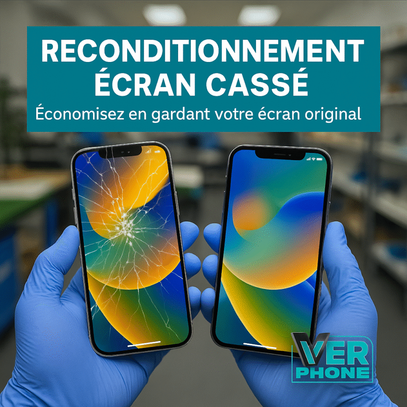 Reconditionnement écran cassé : économisez en gardant votre écran original | VerPhone Reconditionnement écran cassé iPhone – Avant et après réparation par VerPhone